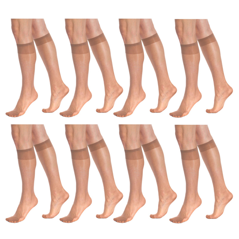 8 Pairs Sheer Knee High Socks for Women 15 Denier With Stay-Up Band One Size