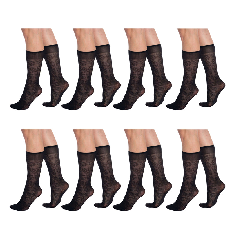 8 Pairs Sheer Knee High Socks for Women 15 Denier With Stay-Up Band One Size