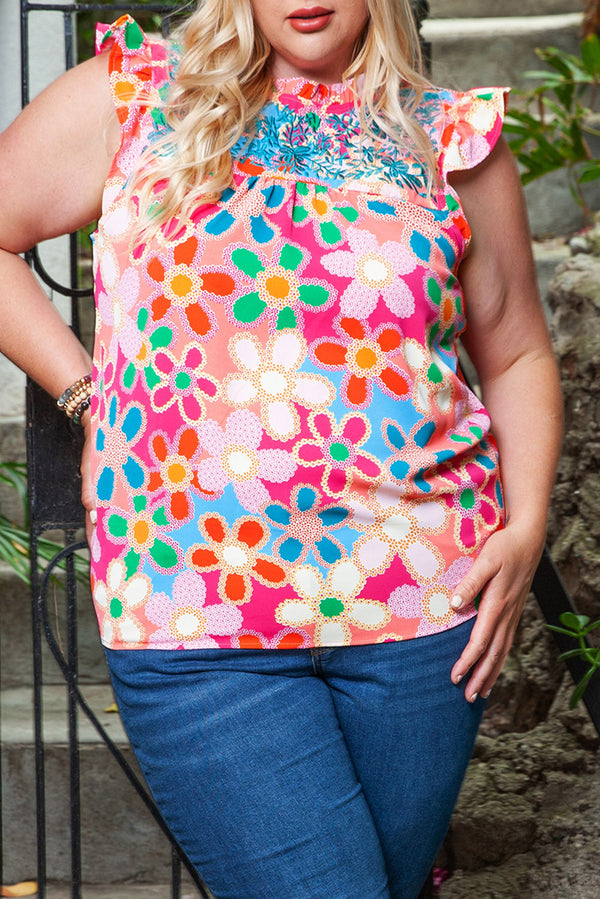 Maisy Plus Size Floral Embroidered Flutter Sleeve Tank Top