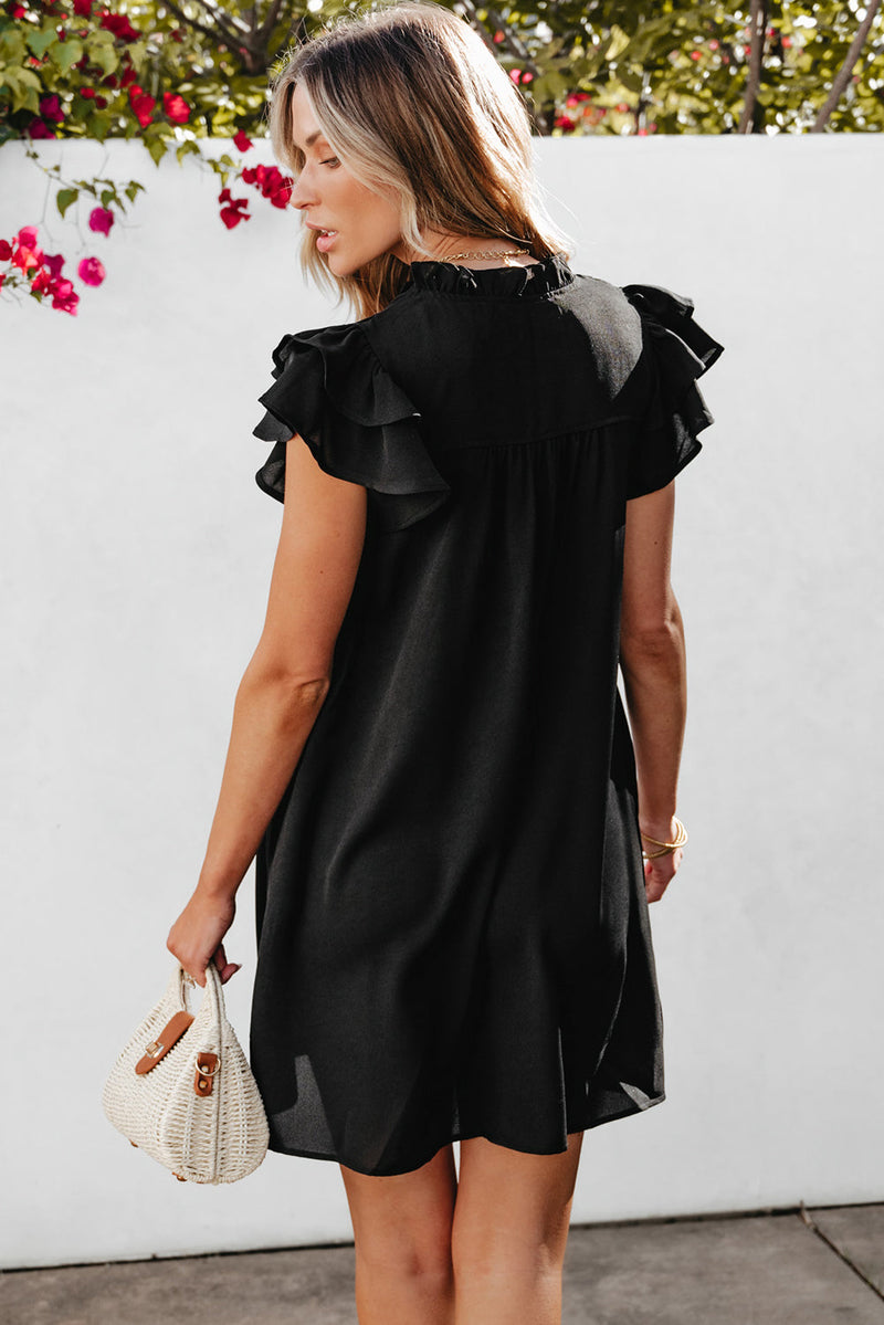 Pearl Ruffle Sleeve v Neck Frilled Shift Dress