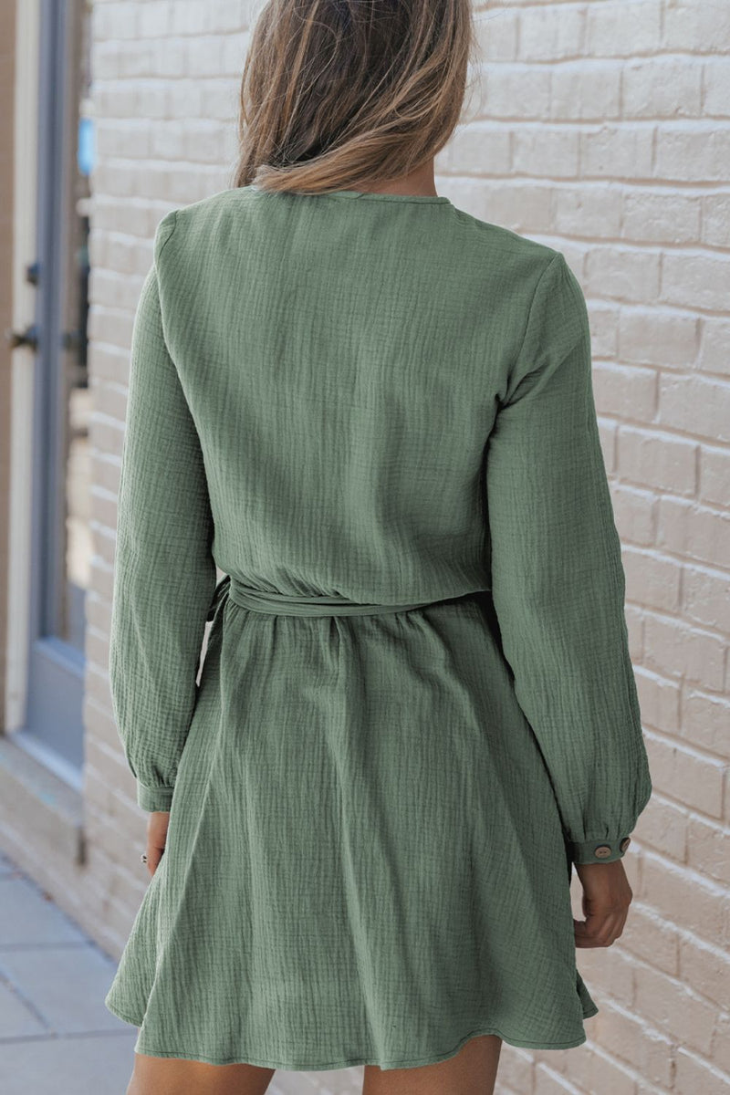 Round Neck Long Sleeve Tie Waist Dress