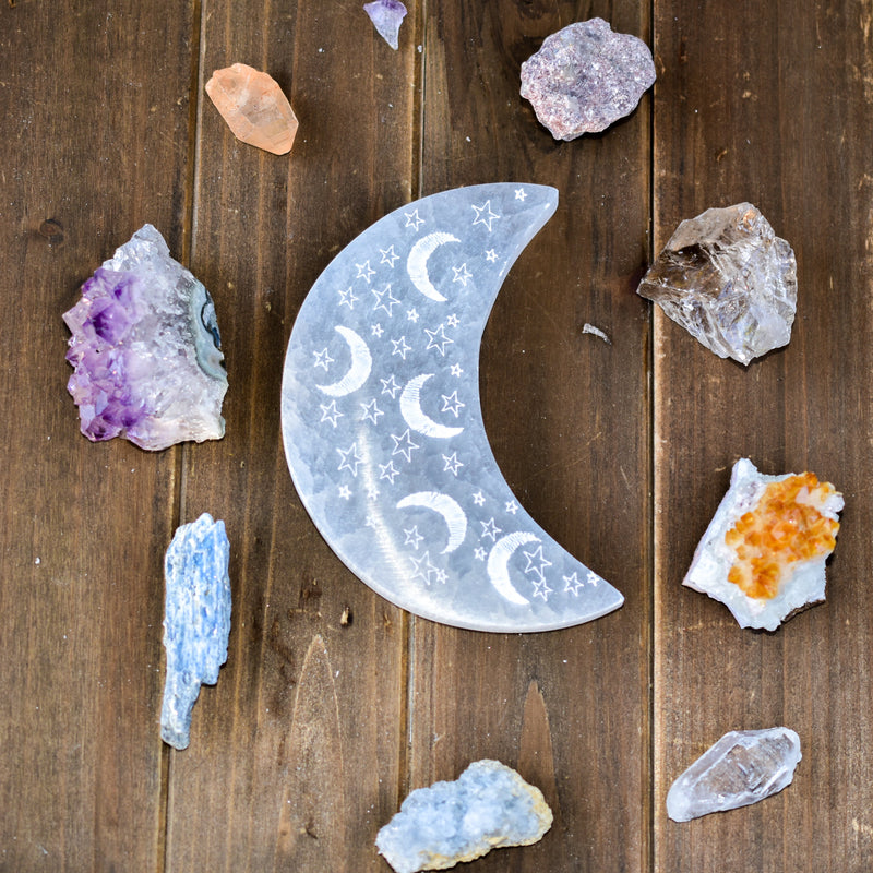 Celestial Engraved Crescent Moon Selenite Plate