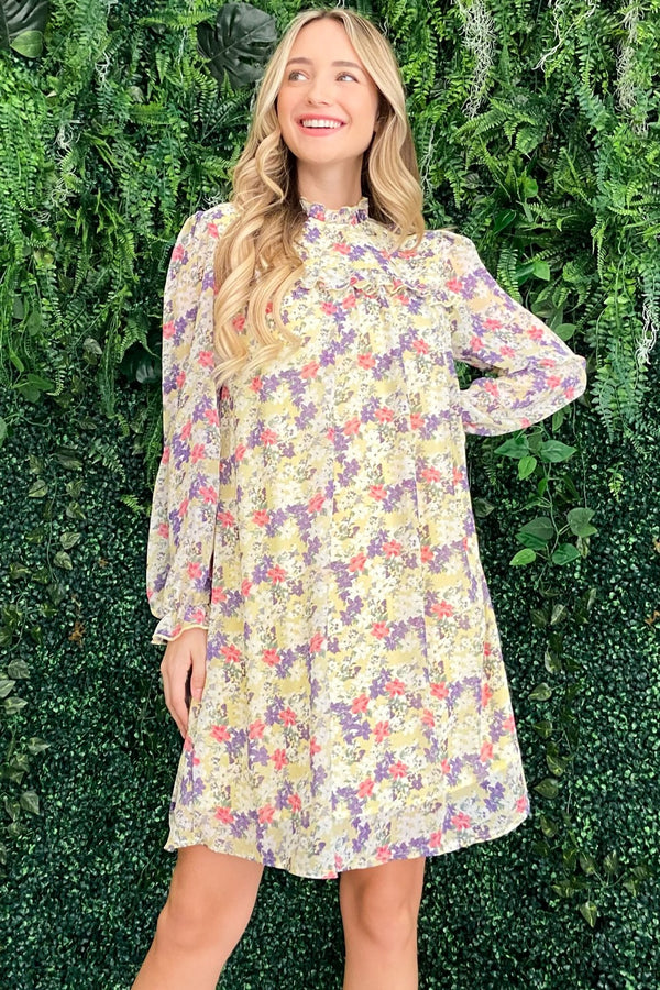 And The Why Floral Mock Neck Flounce Sleeve Dress