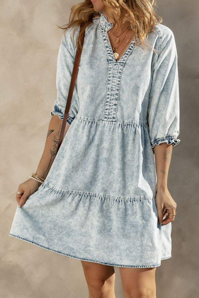 Zaylee Acid Wash Retro Half Sleeve Flared Denim Dress