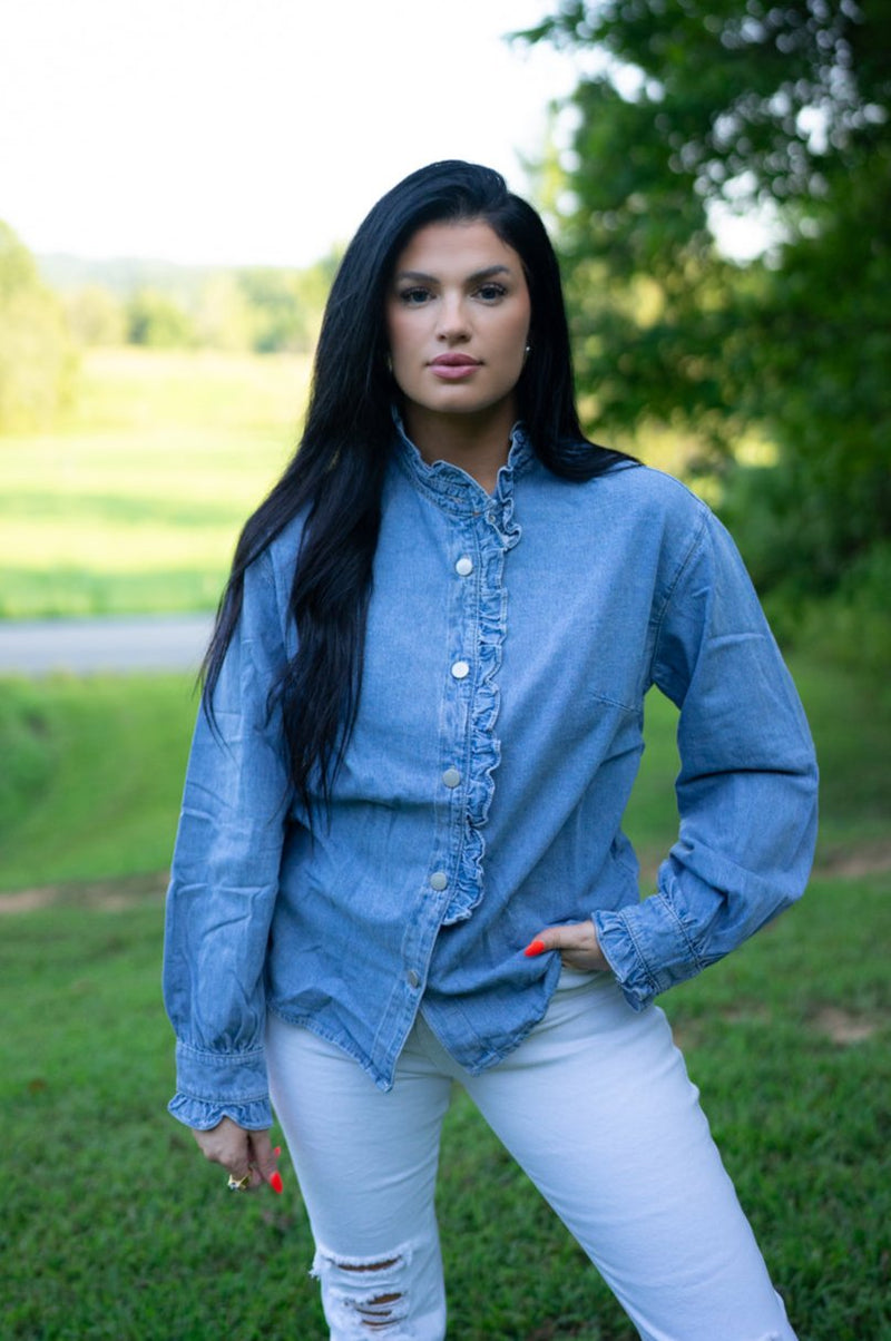 Allyson Ruffled Long Sleeve Buttoned Denim Shirt