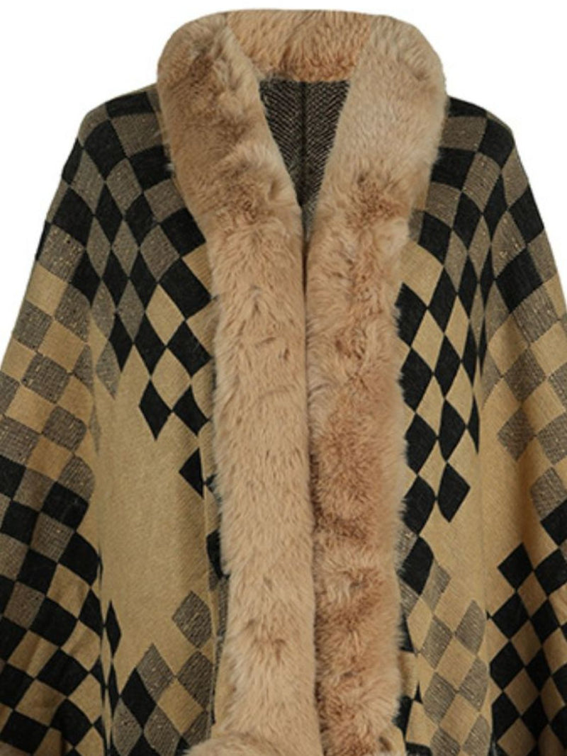 Fuzzy Checkered Long Sleeve Poncho