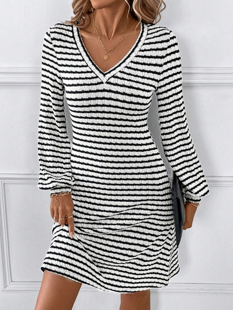 Striped V-Neck Long Sleeve Dress