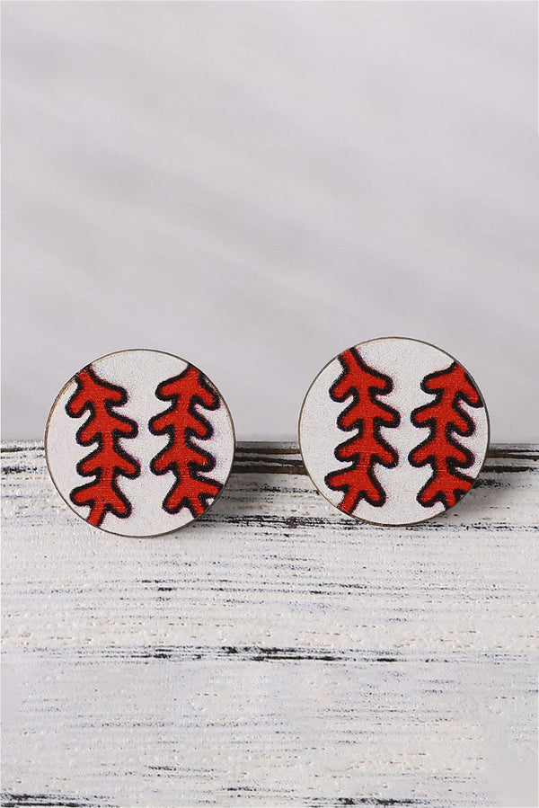 White Wooden Baseball Studded Earrings