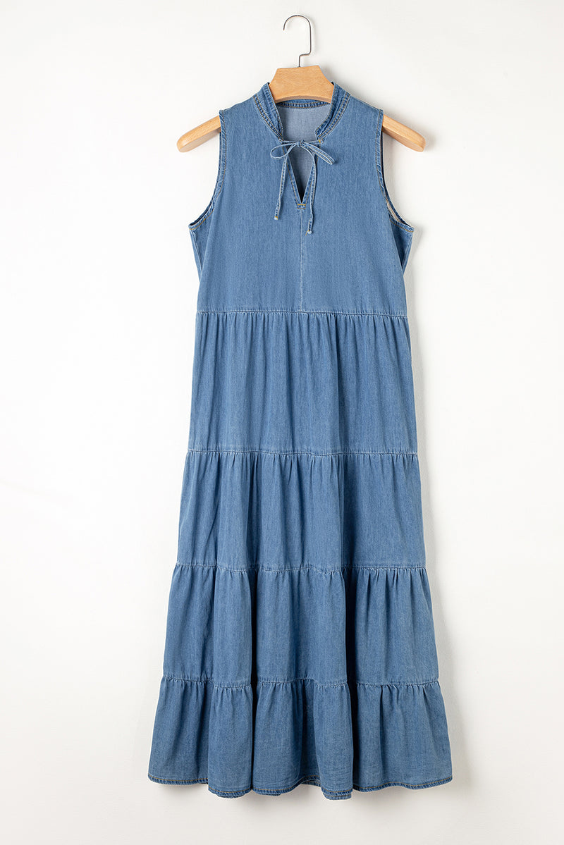 Tie Neck Sleeveless Denim Dress