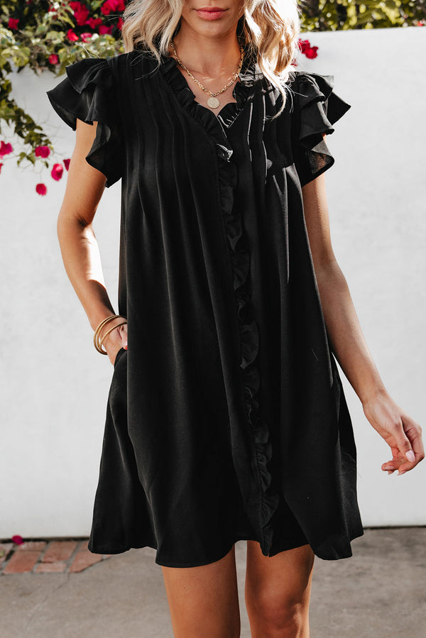 Pearl Ruffle Sleeve v Neck Frilled Shift Dress