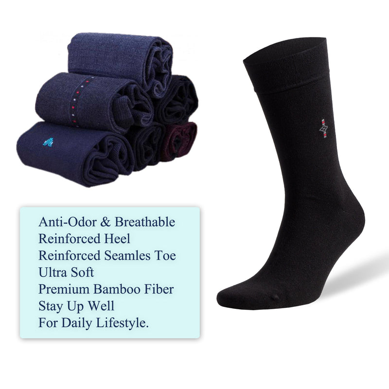 Men's Bamboo Dress Socks With Reinforced Seamless Toe, Crew Length, Size 8-11.5