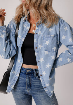 Raw Hem Star Collared Neck Denim Top