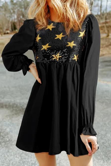 Sequin Star Round Neck Flounce Sleeve Mini Dress