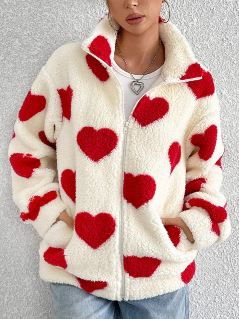 Heart Zip Up Drop Shoulder Furry Jacket