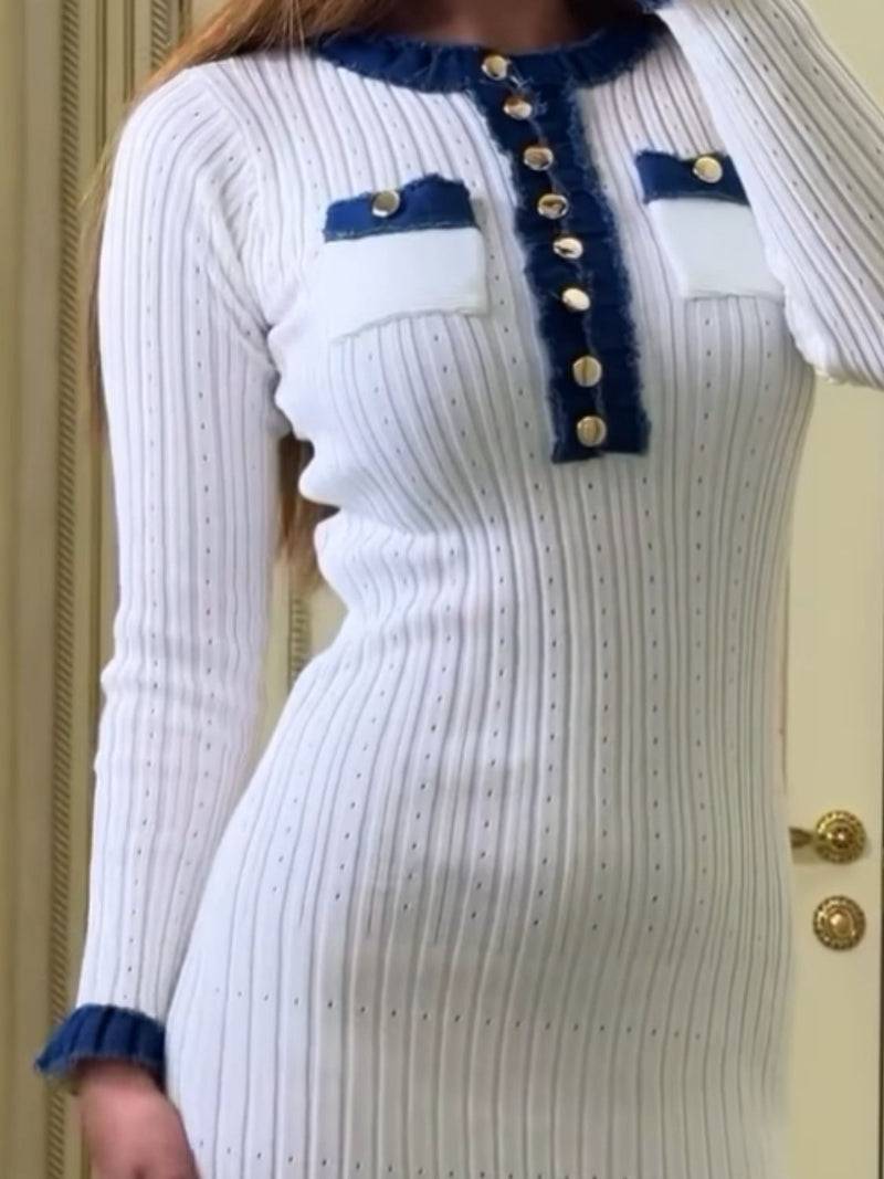 Contrast Trim Round Neck Long Sleeve Sweater Dress