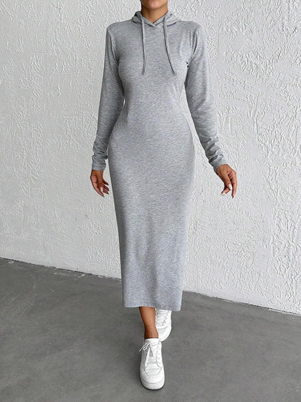 Drawstring Long Sleeve Hooded Midi Dress