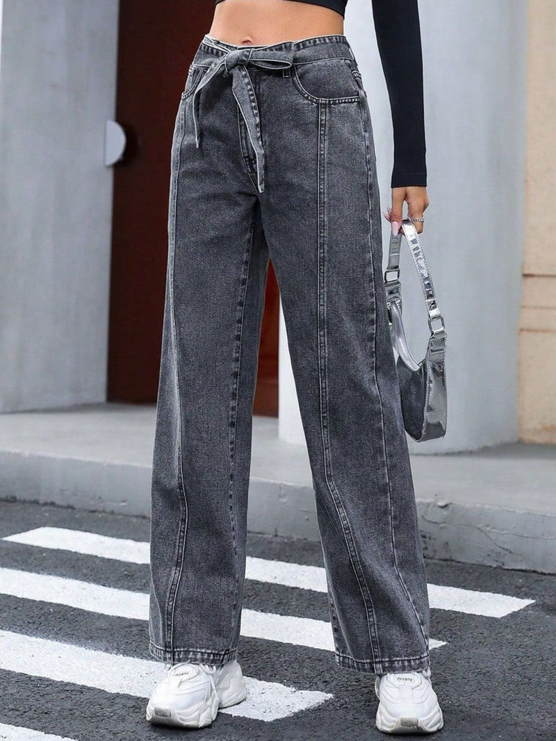 Tied Straight Leg Jeans with Pockets