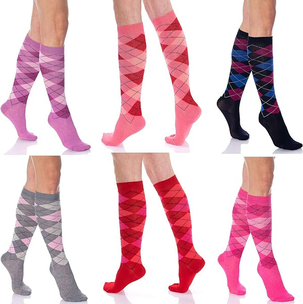 6 Pairs Women's Colorful Argyle Knee High Socks Size 9-11 Combed Cotton