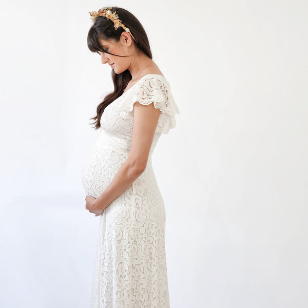 Maternity Ivory Wrap Lace Bohemian Dress, Flutter Sleeves Lace Skirt #7020