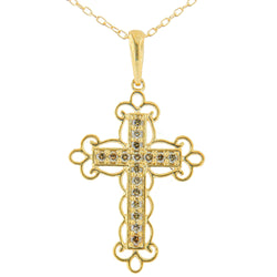 10K Yellow Flashed .925 Sterling Silver 1/4 Cttw Champagne Diamond Filigree Cross Pendant Necklace (K-L Color, I1-I2 Cla