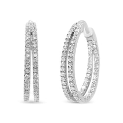 14K White Gold 1.00 Cttw Diamond Inside Out Double Row Split Criss Cross 3/4" Inch Hoop Earrings (F-G Color, SI1-SI2 Cla