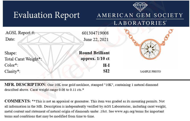 AGS Certified 10K White Gold 1/5 Cttw Bezel Set Round Diamond Solitaire 16-18" Adjustable Pendant Necklace (H-I Color, S
