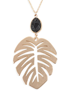 B3n2194 - Monstera Leaf With Stone Pendant Necklace