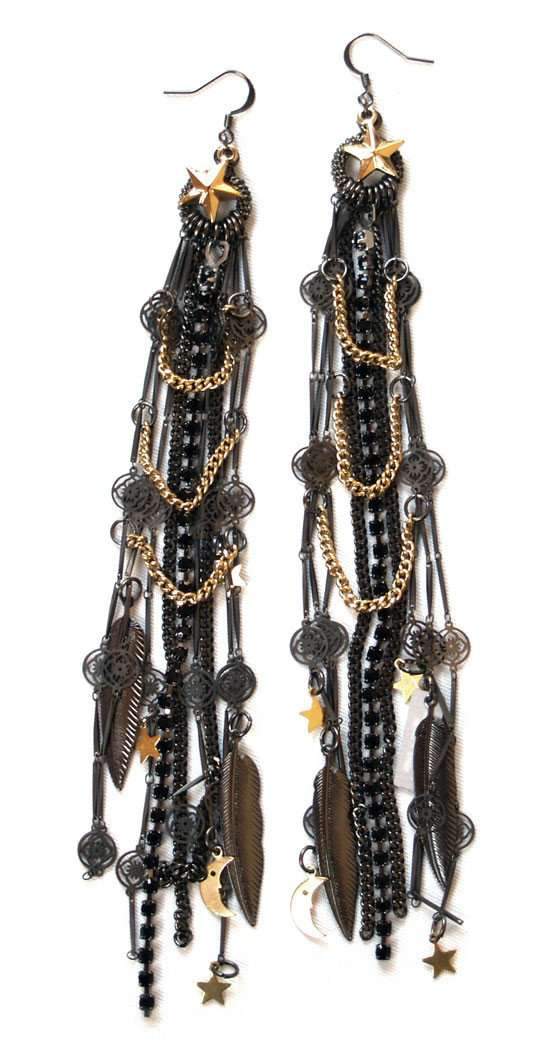 Black Ematite Jet Swarovski Cluster Earrings With 18kt Gold Plated Charms. Long Earrings.