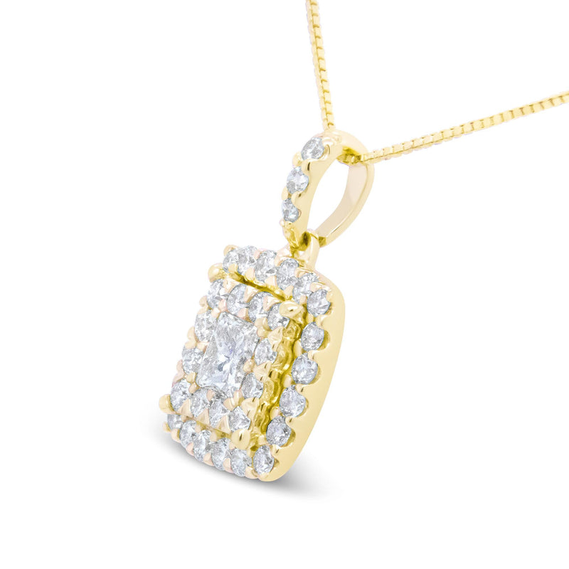14K Yellow Gold 1/2 Cttw Round and Princess-Cut Diamond Double Halo 18" Pendant Necklace  (H-I Color, SI2-I1 Clarity)