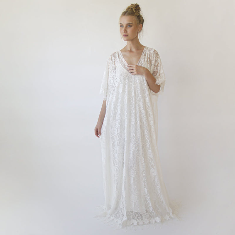 Lace Ivory Bridal Kaftan ,Bat Sleeves Lace Wedding Dress #1367