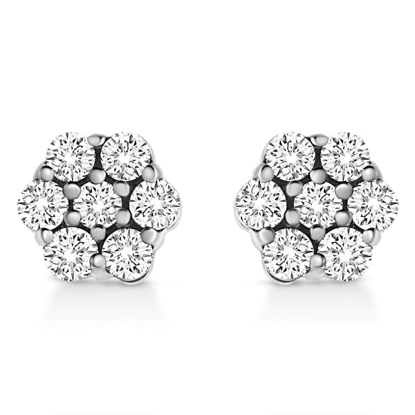 14K White Gold 1/2 Cttw Prong Set Round-Cut Diamond Flower Stud Earring (H-I Color, I1-I2 Clarity)