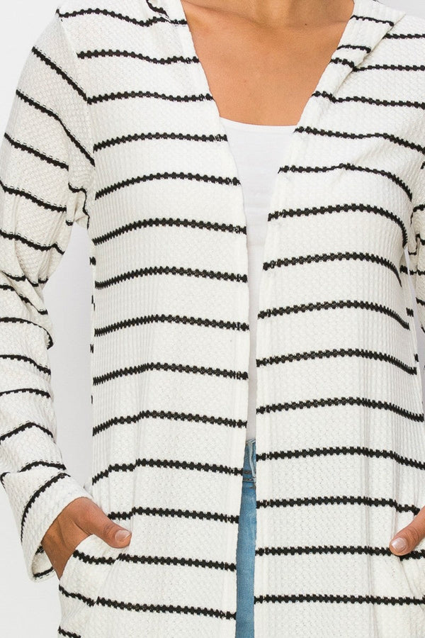 Long Sleeve Hooded Cardigan With Pockets - Striped