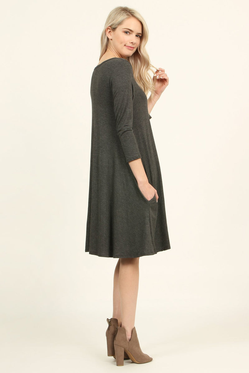 3/4 Sleeve Solid Pocket Dress