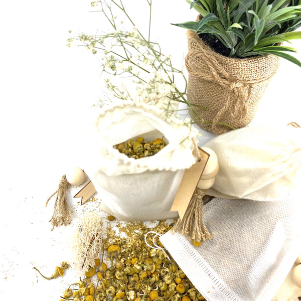 100% Naturally Dried Chamomile Flowers, Jute & Wooden Beaded Drawstring Sack, 1/2 Oz