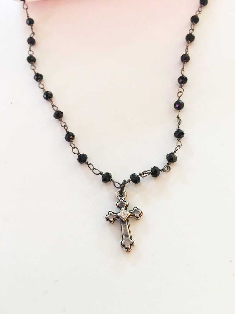 Black Rosary Necklace With Silver Cross and Cubic Zirconia. In 2 Length.