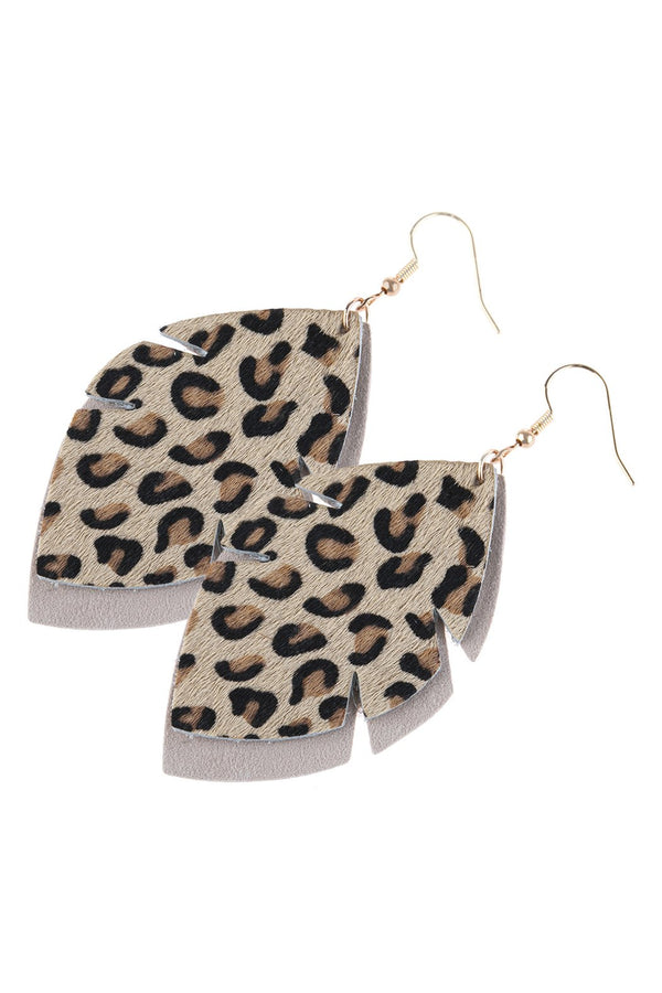 Hde3053br - Leaf Shape Leopard Leather Drop Earrings