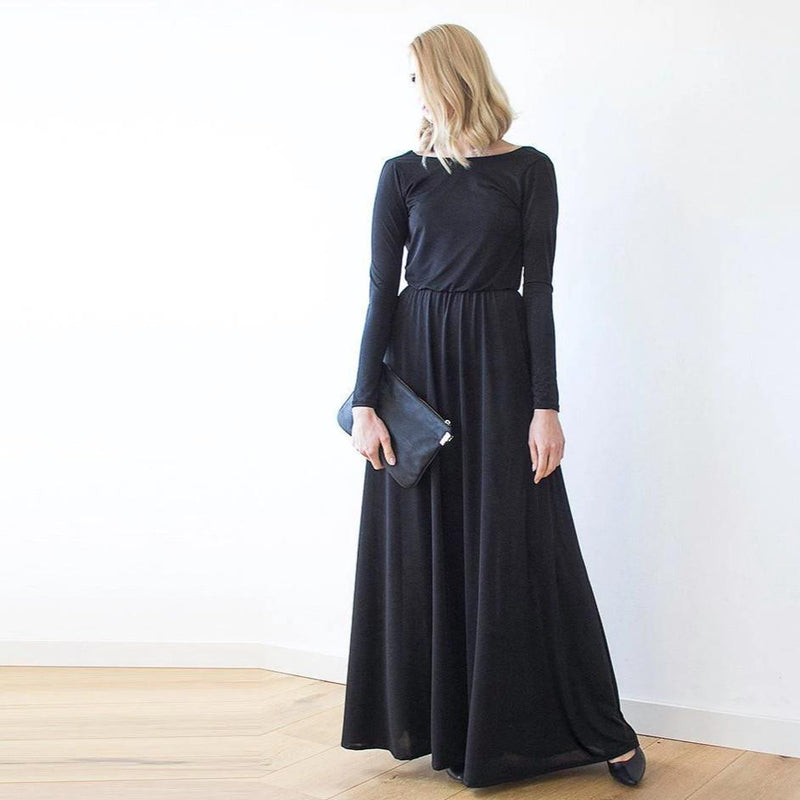 Black Formal Backless Long Sleeve Maxi Dress #1041