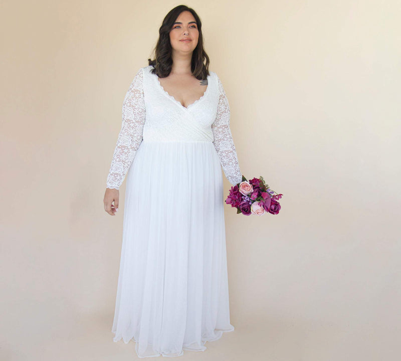 Curvy  Ivory Roses Lace Wedding Dress With Maxi Chiffon Skirt #1317