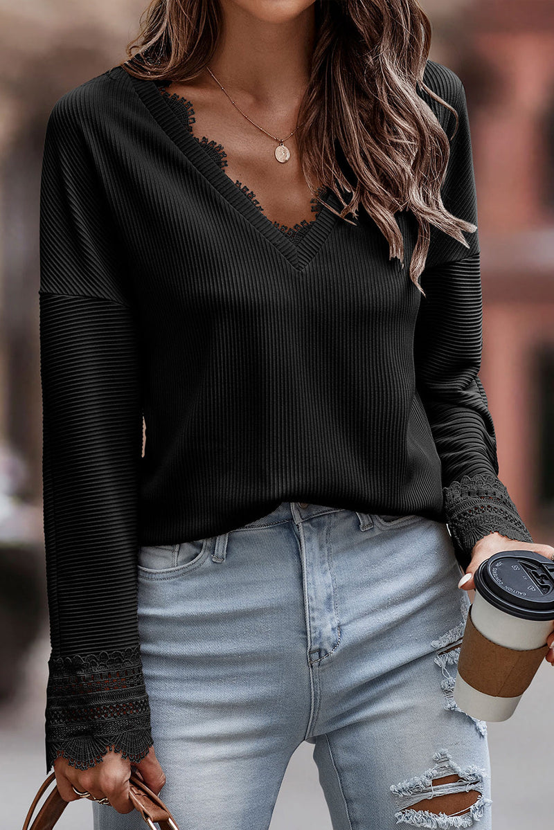 Lola Ribbed Texture Lace Trim v Neck Long Sleeve Top