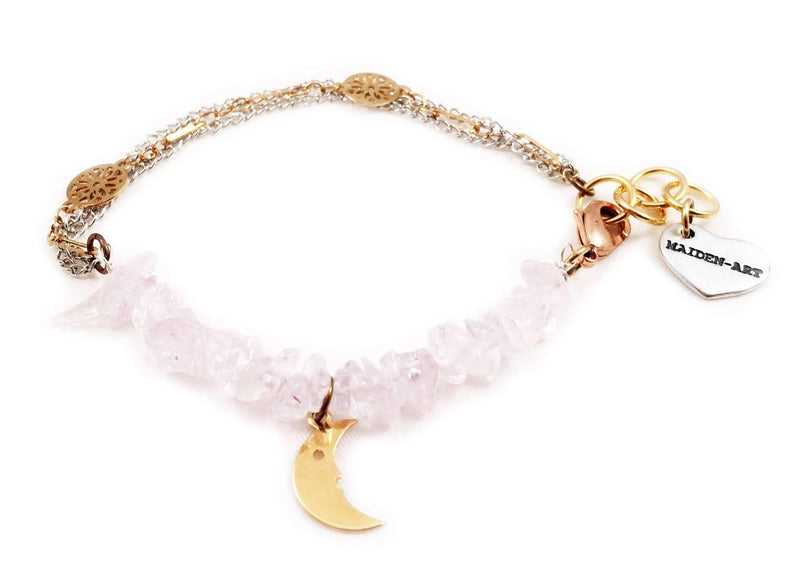 Rose Quartz and Moon Charm Bracelet. Perfect for Parties, Summer Time and Gift for Her.