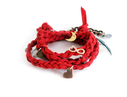 Red Wraparound Bracelet in Deerskin Leather With Charms