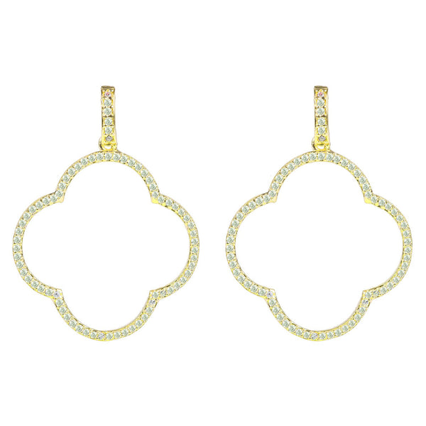 Open Clover Large Drop Earrings White CZ Gold