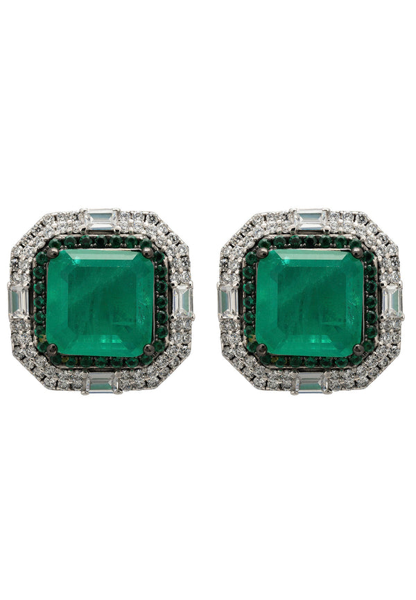 Madeleine Colombian Emerald Large Stud Earrings Silver