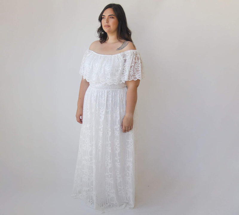 Curvy  Ivory Ruffled Crinkle Off-Shoulder Wedding Dress #1327