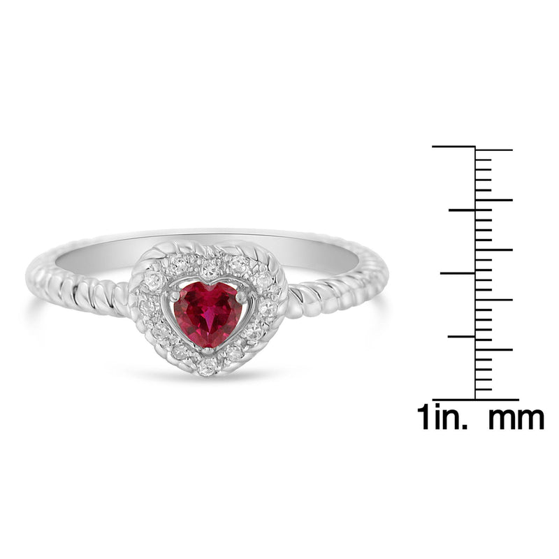 Sterling Silver 4MM Lab Created Ruby Heart and Diamond Accent Heart Ring (I-J, I2-I3) - Size 8