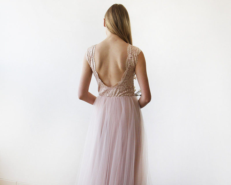 Pink Blush Tulle and Lace Sleeveless Maxi Gown 1145