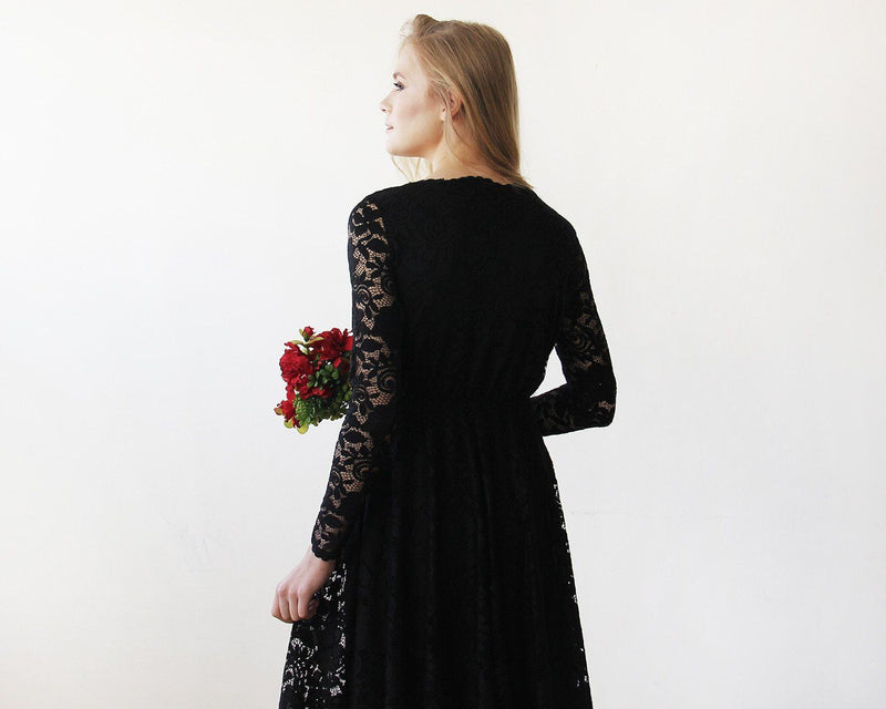 Black Lace Long Sleeve Midi Dress 1161