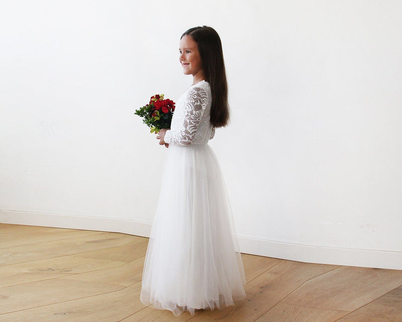 Tulle and Lace Long Sleeves Ivory Flower Girls Gown 5043