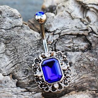 316L Stainless Steel Radiant Cut Sapphire Blue CZ Ornate Navel Ring