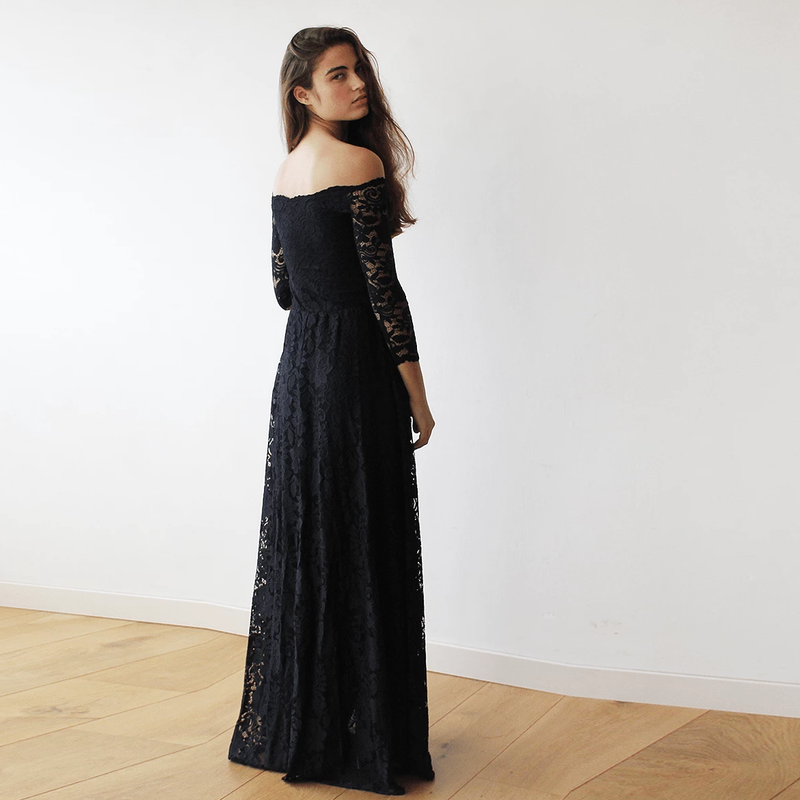 Off-The-Shoulder Black Floral Lace Long Sleeve Maxi Dress 1119
